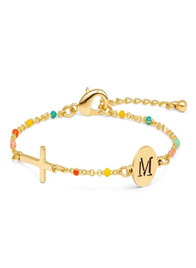 Raicegs Cross Bracelet with Initial 18K Gold M Initial Bracelets for Women Teen Colorful Dainty Link Chain Bracelets Christian Gifts for Women Faith Jewelry - Image 1